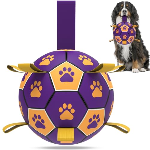 QDAN Extra großes Hundespielzeug, Fußball, langlebige Hundebälle für extra große Hunde mit Gurten, interaktives Hundespielzeug mit Gurt zum Ziehen des Krieges (22,9 cm) von QDAN