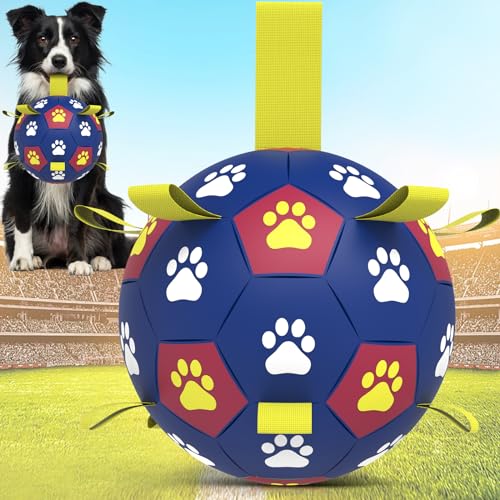 QDAN Hundespielzeug, Fußball mit Gurten – langlebige Hundebälle für große Hunde, Outdoor-Hundespielzeug, Sommer-Hundespielzeug, Wasserspielzeug, Hüteball, Welpen-Hund, Geburtstagsgeschenke, Gelb-Blau von QDAN