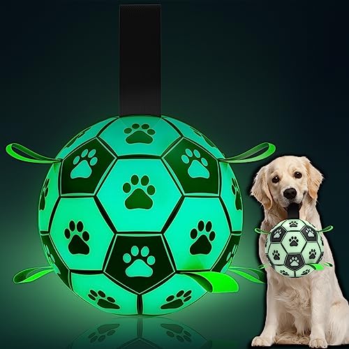 QDAN Hundespielzeug, leuchtet im Dunkeln, Fußball mit Riemen, beleuchtete Hundebälle für große Hunde, interaktives Hundespielzeug mit Gurt zum Tauziehen, Welpengeburtstagsgeschenk (20,3 cm) von QDAN