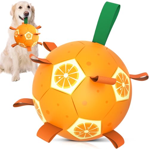 QDAN Orange Hundespielzeug Fußball – Hunde-Fußball mit Riemen, Wasserspielzeug für Tauziehen, langlebige Hundebälle für große Hunde (20,3 cm) von QDAN