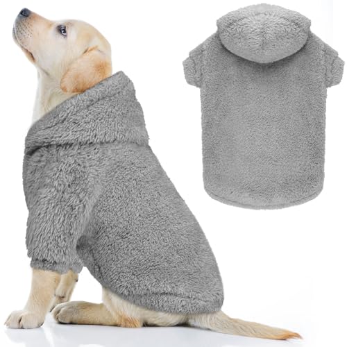 Fuzzy Dog Hoodie Hundepullover für große Hunde, weich, doppelseitig, Plüsch-Fleece, Hundekleidung, Hundemantel, Sherpa-Kapuzen-Sweatshirt (Grau, L) von QDYU