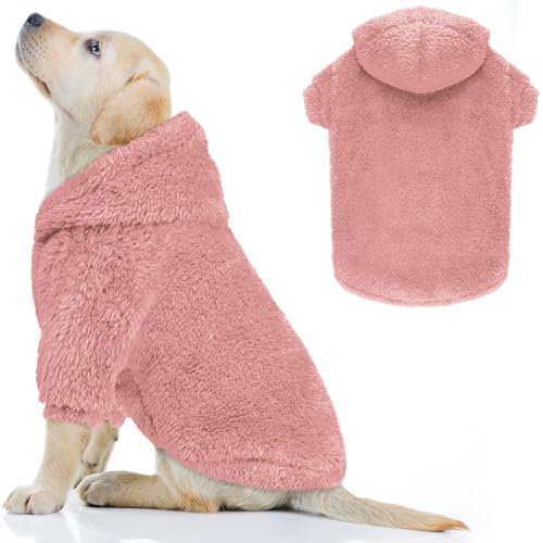 Fuzzy Dog Hoodie Hundepullover für große Hunde, weich, doppelseitig, Plüsch-Fleece, Hundepullover, Hundemantel, Sherpa-Kapuzen-Sweatshirt (Rosa-L) von QDYU