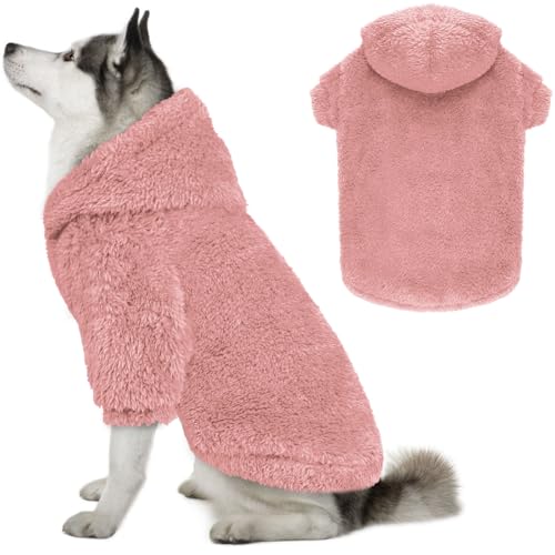 Fuzzy Dog Hoodie Hundepullover für große Hunde Weiches Doppelseitiges Plüsch-Fleece Hundepullover Hundekleidung Hundemäntel Hund Hoodie Sherpa Kapuzen-Sweatshirt (Rosa-XXL) von QDYU