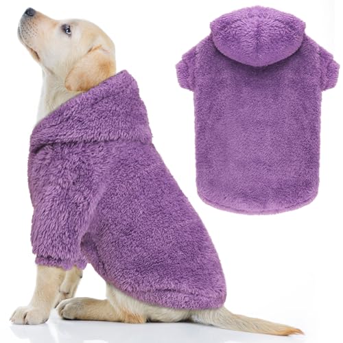 Fuzzy Hunde-Kapuzenpullover für große Hunde, weich, doppelseitig, Plüsch-Fleece, Hundekleidung, Hundemantel, Hunde-Kapuzenpullover, Sherpa-Kapuzen-Sweatshirt, Violett, Größe L von QDYU