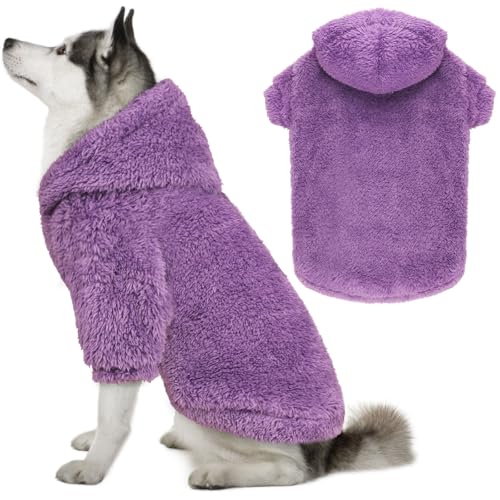 QDYU Fuzzy Hunde-Kapuzenpullover, Violett, XXL, Polyester, für große Hunde, Winter, Hundemantel, Hoodie, Einfarbig, Casual, Tieresdesign, Doppelseitiger Plüsch-Fleece-Komfort, atmungsaktiv, bequem von QDYU