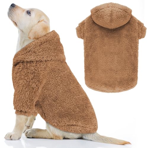 Fuzzy Hunde-Kapuzenpullover für große Hunde, weich, doppelseitig, Plüsch-Fleece, Hundekleidung, Hundemantel, Sherpa-Kapuzenpullover (Kaffee-L) von QDYU