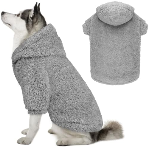 Fuzzy Hundepullover für große Hunde, Hunde-Kapuzenpullover, weich, doppelseitig, Plüsch, Hundepullover, Fleece, Hundemantel, Sherpa-Kapuzen-Sweatshirt (Grau, XL) von QDYU