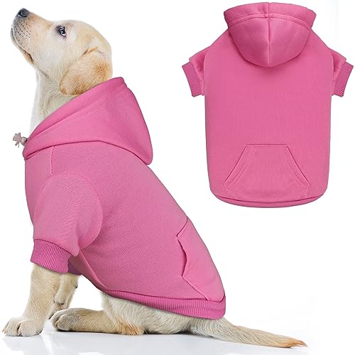 Hund Hoodie Hundepullover für große Hunde Hundepullover Solid Soft Brushed Fleece Hundekleidung Hund Hoodie Sweatshirt mit Tasche (Rosa-L) von QDYU