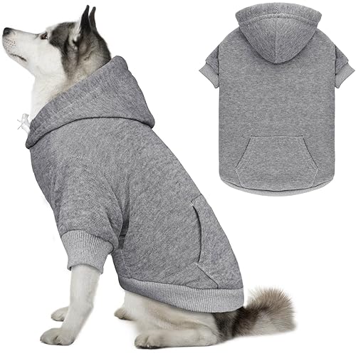 QDYU Hunde-Kapuzenpullover für große Hunde, einfarbig, weich, gebürstetes Fleece, Hunde-Kapuzenpullover mit Tasche (Grau, XXL) von QDYU