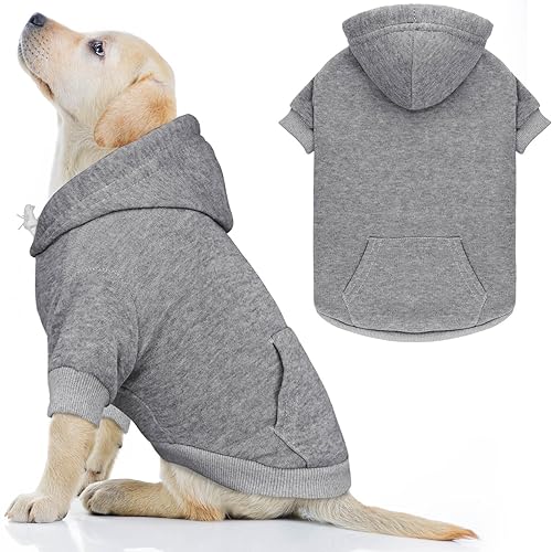 Hunde-Kapuzenpullover für große Hunde, Hundepullover aus weichem, gebürstetem Fleece, Hundepullover mit Tasche (Grau, L) von QDYU