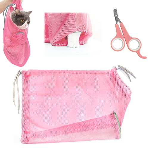 2 Stück Katzen-Badetasche und Nagelschere für Haustiere, Katzenpflege, Anti-Kratzer, Netztasche für Haustiere, Badezimmer, Nagelknipser von QEEQPF