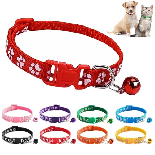 8 Stück Welpenhalsbänder, Hundezubehör Halsband mit Glöckchen, Welpen-Welpen-Halsbänder mit Pfotenabdruck, verstellbares Welpenhalsband, für kleine Hunde, Katzen, Welpen, Haustiere von QEEROYO