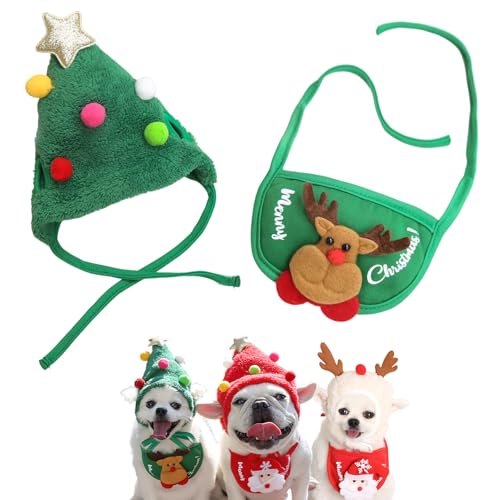 QEOTOH Adorable Christmas Tree Pom-Pom Hat for Pet, Dog and Cat Christmas Matching Costumes, Cute Puppy Christmas Hat & Bib, Party Pet Supplies Accessories (L,Green) von QEOTOH