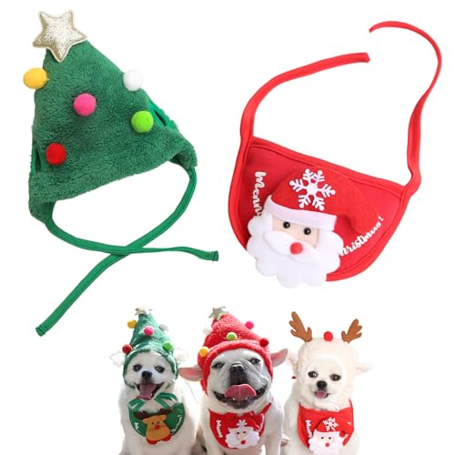 QEOTOH Adorable Christmas Tree Pom-Pom Hat for Pet, Dog and Cat Christmas Matching Costumes, Cute Puppy Christmas Hat & Bib, Party Pet Supplies Accessories (L,Green+Red) von QEOTOH