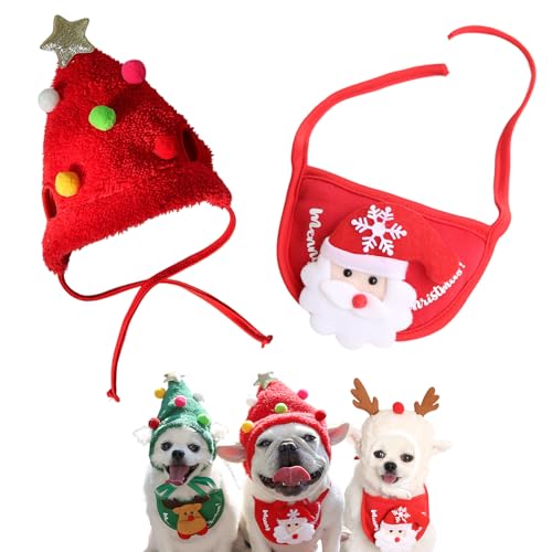 QEOTOH Adorable Christmas Tree Pom-Pom Hat for Pet, Dog and Cat Christmas Matching Costumes, Cute Puppy Christmas Hat & Bib, Party Pet Supplies Accessories (L,Red) von QEOTOH