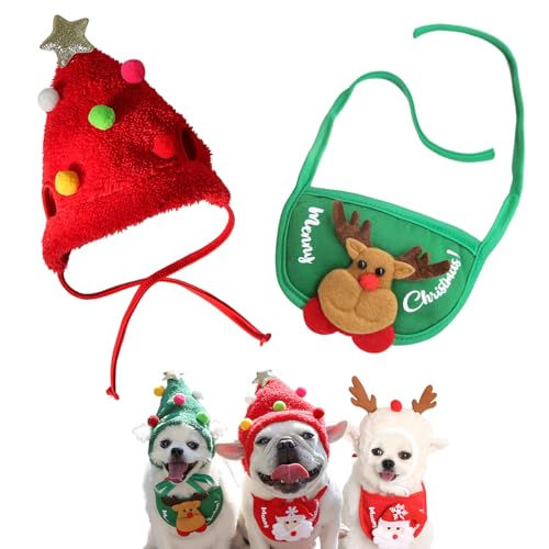 Adorable Christmas Tree Pom-Pom Hat for Pet, Dog and Cat Christmas Matching Costumes, Cute Puppy Christmas Hat & Bib, Party Pet Supplies Accessories (L,Red+Green) von QEOTOH