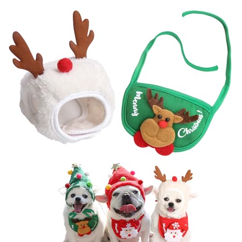 QEOTOH Adorable Christmas Tree Pom-Pom Hat for Pet, Dog and Cat Christmas Matching Costumes, Cute Puppy Christmas Hat & Bib, Party Pet Supplies Accessories (L,White+Green) von QEOTOH