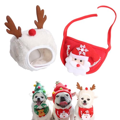 QEOTOH Adorable Christmas Tree Pom-Pom Hat for Pet, Dog and Cat Christmas Matching Costumes, Cute Puppy Christmas Hat & Bib, Party Pet Supplies Accessories (L,White+Red) von QEOTOH