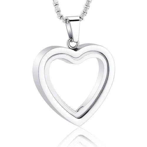 QGJNSGC Feuerbestattungs-Schmuck Glas Herz Urne Halskette für Asche Medaillon Halskette Urne Anhänger für Frauen Männer Asche Edelstahl Memorial Andenken Geschenk (Silber) von QGJNSGC