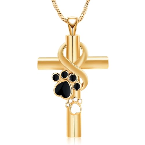 QGJNSGC Pfotenabdruck Kreuz Einäscherungs-Schmuck für Haustier Infinity Cross Urn Halskette für Asche Keepsake Loved One Memorial Schmuck für Hund/Katze Asche (Gold) von QGJNSGC