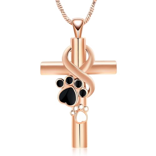 QGJNSGC Pfotenabdruck Kreuz Einäscherungs-Schmuck für Haustier Infinity Cross Urn Halskette für Asche Keepsake Loved One Memorial Schmuck für Hund/Katze Asche (Roségold) von QGJNSGC