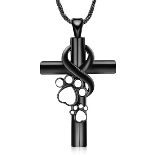 QGJNSGC Pfotenabdruck Kreuz Einäscherungs-Schmuck für Haustier Infinity Cross Urn Halskette für Asche Keepsake Loved One Memorial Schmuck für Hund/Katze Asche (Schwarz) von QGJNSGC