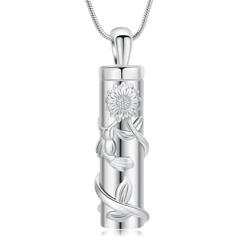 QGJNSGC Zylinder Urne Halskette für Asche für Frauen Männer Sonnenblume Einäscherung Schmuck Vial Memorial Loved One Anhänger (Silber) von QGJNSGC