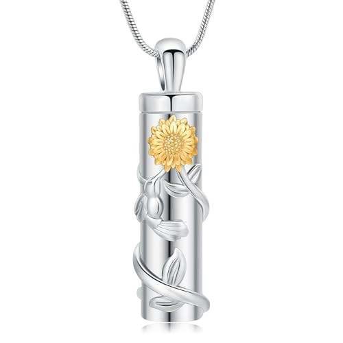 QGJNSGC Zylinder Urne Halskette für Asche für Frauen Männer Sonnenblume Einäscherung Schmuck Vial Memorial Loved One Anhänger (Silber-Gold) von QGJNSGC