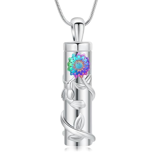 QGJNSGC Zylinder Urne Halskette für Asche für Frauen Männer Sonnenblume Einäscherung Schmuck Vial Memorial Loved One Anhänger (Silber-Regenbogen) von QGJNSGC