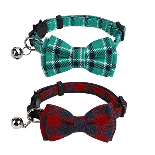 QH-Shop Katzenhalsband mit Glöckchen und Fliege, 2 Stück Einstellbar Plaid Katzenhalsbänder mit Sicherheitsverschluss für Kleine Hunde und Kitten von QH-Shop