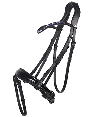 QHP Schwedische Trense Orlando Leder Lackoptik Strass Glitzer (Warmblut, schwarz/Navy) von QHP