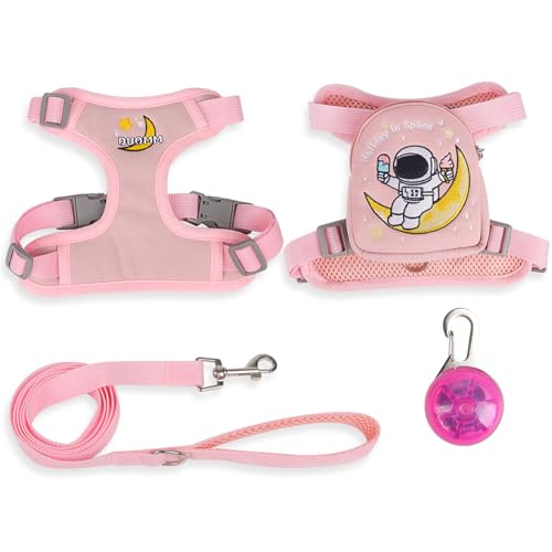 QIANDW Hunderucksack, Geschirr, Hundeweste, Rucksack, selbst-Rucksack, Cartoon-Hundeschultasche, Outdoor-Reise, kleine Schultasche, abnehmbar, Rosa + LED-Licht, Größe M von QIANDW