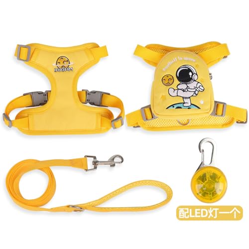 QIANDW Hunderucksack mit Geschirr, Hundeweste, Rucksack, Cartoon-Hundeschultasche, Outdoor-Reise, kleine Schultasche, abnehmbar, Gelb + LED-Licht, Größe L von QIANDW