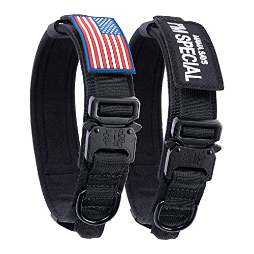 Taktisches Hundehalsband mit USA-Flagge – Militärisches Hundehalsband dick mit Griff – strapazierfähiges Nylon-K9-Halsband, schwarz, kaufest mit 2 Patches von QIFBYFB