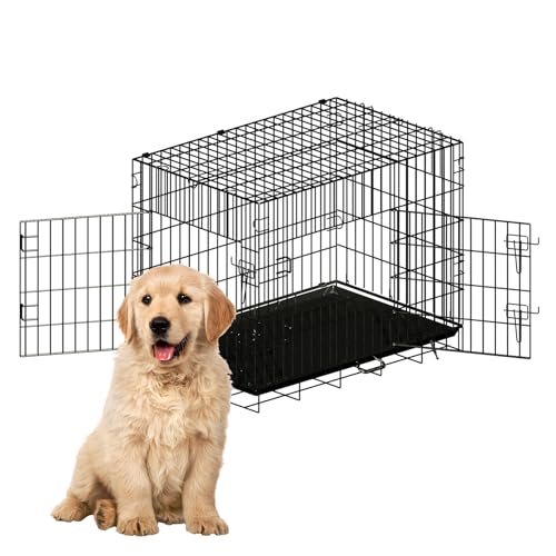 QISHIJIXIANG Hundebox mit Doppeltür, tragbare Hundebox aus Draht mit Tablett und Trennwand, Haustierbox für kleine Hunde, Indoor- und Outdoor-Haustiergehege, 76,2 cm L x 45,7 cm B x 53,3 cm H, von QISHIJIXIANG