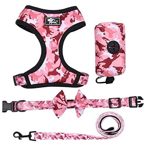 QISILE 4-teiliges Hundegeschirr-Set, reflektierende Haustier-Leine, Weste, verstellbares Schleifenknoten-Halsband, für kleine, mittelgroße Hunde (S), Pink Camouflage (4-teiliges Set) S, One size von QISILE