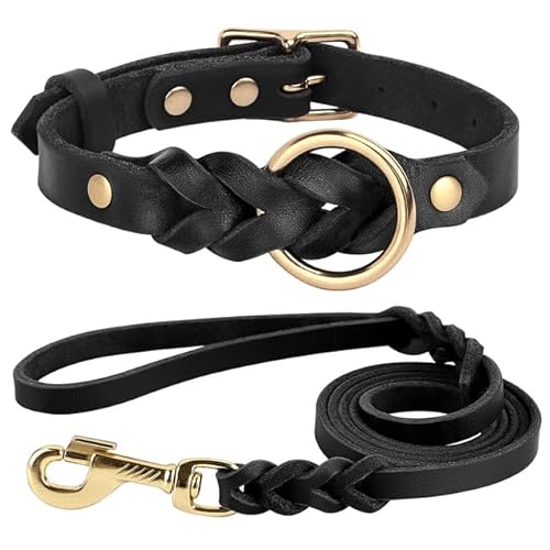 QIUMING Hundehalsband-Leine-Set aus echtem Leder, geflochtenes, langlebiges Leder-Hundehalsband für mittelgroße und große Hunde, Deutscher Schäferhund, Haustierzubehör von QIUMING