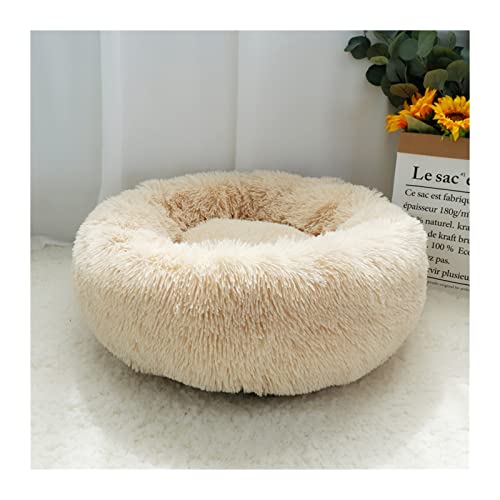 QIUYMGFG Hundebett Haustier-Hundebett-Matte Hundebett-Decke Langer Plüsch-Katze-Hundebett-Sofa-Schlafsack-Zwinger Katzenbett(Light Coffee,Diameter 100cm) von QIUYMGFG