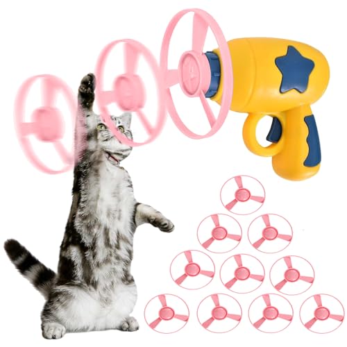 QIWEIS Cat Fetch Toy Katze Chasing Untertasse Set Bunte Fliegende Propeller Disc Katze Chasing Untertasse Set Katze Spielzeug Launcher Mit 1 Launchers Und 10 Propellers Für Interactive Training von QIWEIS