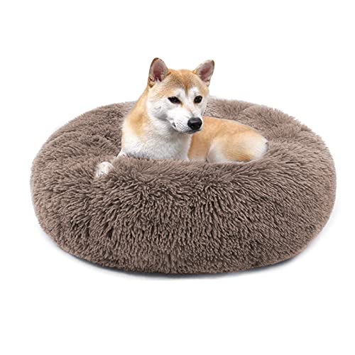 QIYUANT Rundes Plüsch Donut Haustierbett Bequem Warm Fell Kuschelig Weich Flauschig Beruhigendes Bett Rutschfeste Unterseite Hund Katze Bett (Braun, 100 x 100 cm) von QIYUANT