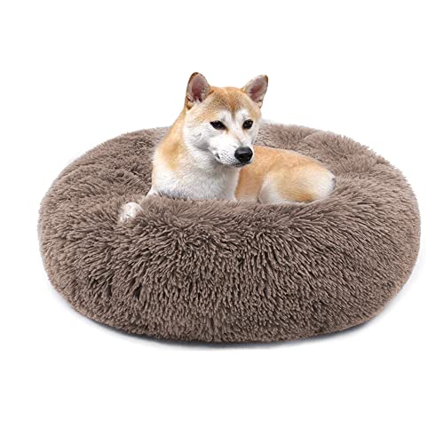 QIYUANT Rundes Plüsch Donut Haustierbett Bequem Warm Fell Kuschelig Weich Flauschig Beruhigendes Bett Rutschfeste Unterseite Hund Katze Bett (Braun, 110 x 110 cm) von QIYUANT