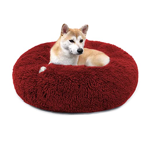 QIYUANT Rundes Plüsch Donut Haustierbett Bequem Warm Fell Kuschelig Weich Flauschig Beruhigendes Bett Rutschfeste Unterseite Hund Katze Bett (Burgunderrot, 100 x 100 cm) von QIYUANT