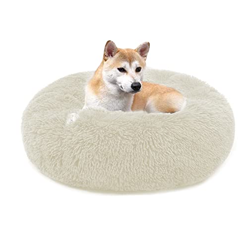 QIYUANT Rundes Plüsch Donut Haustierbett Bequem Warm Fell Kuschelig Weich Flauschig Beruhigendes Bett Rutschfeste Unterseite Hund Katze Bett (Creme, 120 x 120 cm) von QIYUANT