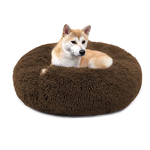 QIYUANT Rundes Plüsch Donut Haustierbett Bequem Warm Fell Kuschelig Weich Flauschig Beruhigendes Bett Rutschfeste Unterseite Hund Katze Bett (Dunkelbraun, 110 x 110 cm) von QIYUANT