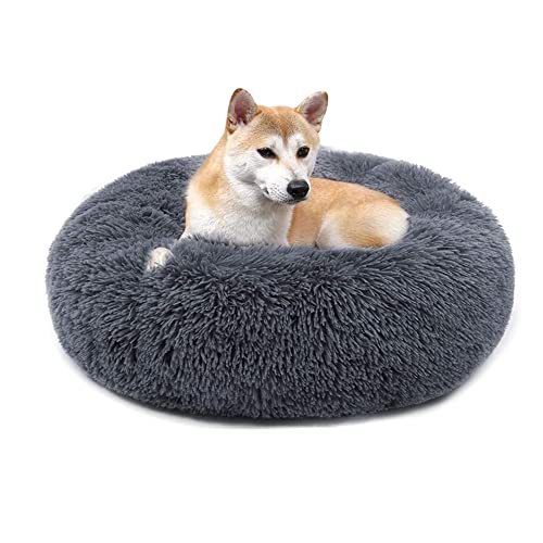 QIYUANT Rundes Plüsch Donut Haustierbett Bequem Warm Fell Kuschelig Weich Flauschig Beruhigendes Bett Rutschfeste Unterseite Hund Katze Bett (Dunkelgrau, 50 x 50 cm) von QIYUANT