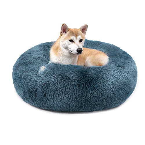 QIYUANT Rundes Plüsch Donut Haustierbett Bequem Warm Fell Kuschelig Weich Flauschig Beruhigendes Bett Rutschfeste Unterseite Hund Katze Bett (Farbverlauf Blau, 100 x 100 cm) von QIYUANT