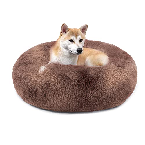 QIYUANT Rundes Plüsch Donut Haustierbett Bequem Warm Fell Kuschelig Weich Flauschig Beruhigendes Bett Rutschfeste Unterseite Hund Katze Bett (Farbverlauf Braun, 120 x 120 cm) von QIYUANT