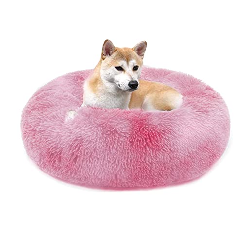 QIYUANT Rundes Plüsch Donut Haustierbett Bequem Warm Fell Kuschelig Weich Flauschig Beruhigendes Bett Rutschfeste Unterseite Hund Katze Bett (Farbverlauf Rosa, 100 x 100 cm) von QIYUANT