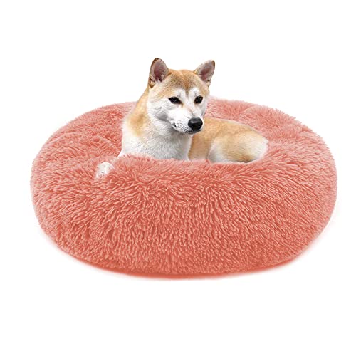 QIYUANT Rundes Plüsch Donut Haustierbett Bequem Warm Fell Kuschelig Weich Flauschig Beruhigendes Bett Rutschfeste Unterseite Hund Katze Bett (Haut Rosa, 50 x 50 cm) von QIYUANT