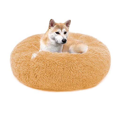 QIYUANT Rundes Plüsch Donut Haustierbett Bequem Warm Fell Kuschelig Weich Flauschig Beruhigendes Bett Rutschfeste Unterseite Hund Katze Bett (Hellbraun, 40 x 40 cm) von QIYUANT